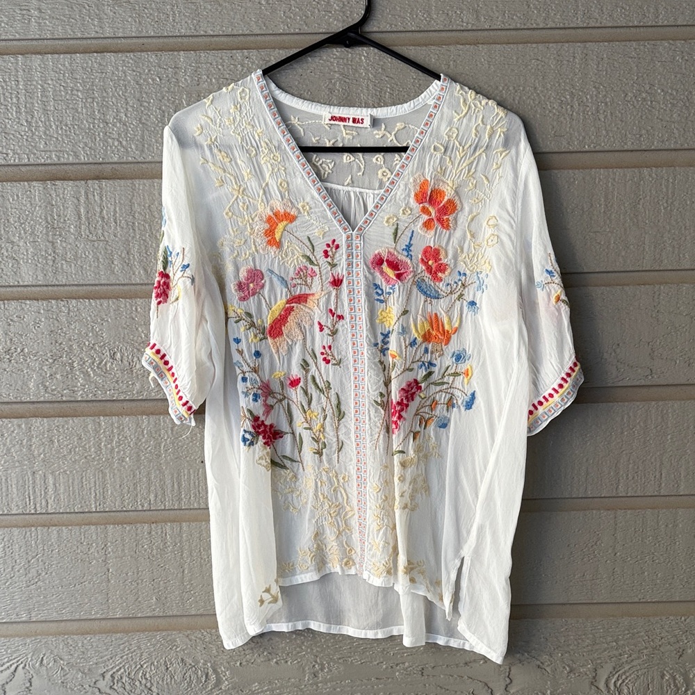 Johnny Was Multicolor Embroidered White Blouse NWOT